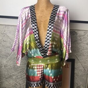 ANDRES OTALORA Silk Multicolor Diamond Print  Romper with Checker Trim Size 8